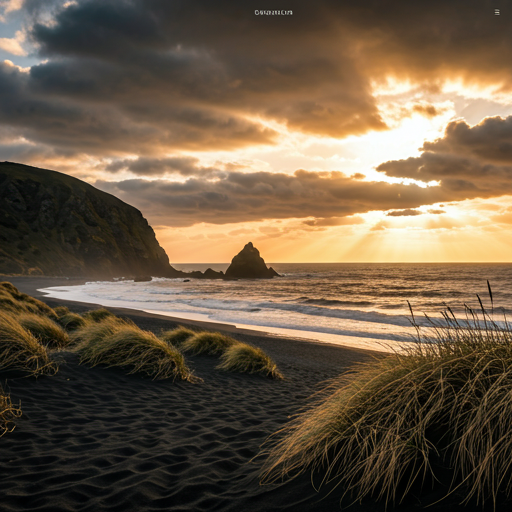 Rugged Southern coastline with volcanic sand and dramatic surf